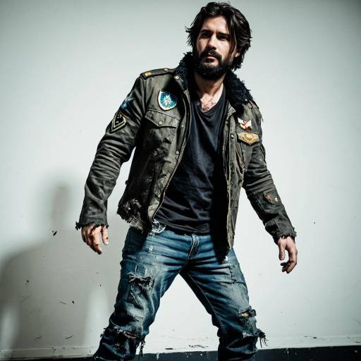 Man in Tattered Military Jacket and Rugged Jeans