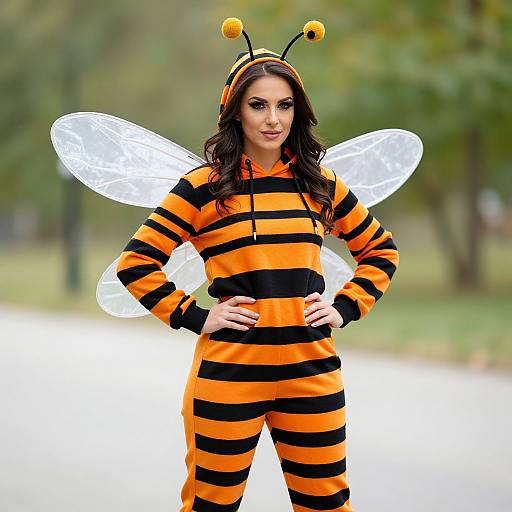 Photograph of a woman in an orange and black striped bee costume with transparent wings, antennae headband, and hands on hips, standing outdoors.