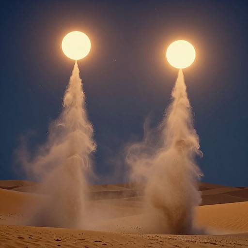 Photograph of two bright suns in a night sky, with plumes of sand shooting up from a desert landscape below.