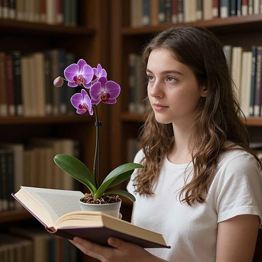 Photograph of a young woman with long brown hair, wearing a white shirt, holding an open book with a purple orchid in a pot, standing