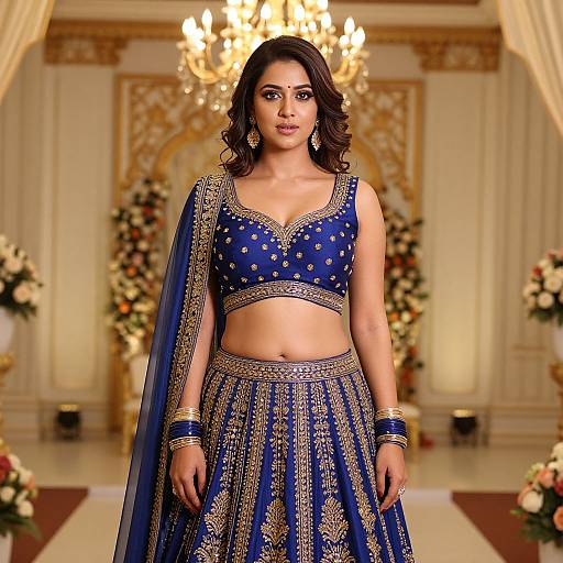Photograph of a beautiful South Asian woman in a blue, gold-embellished traditional outfit, standing in an opulent, flower-decorated