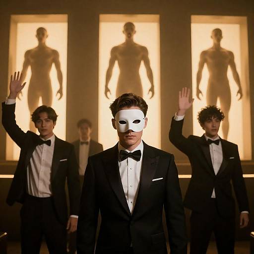 Masked Man and Tuxedoed Figures in Dramatic Nightclub Scene