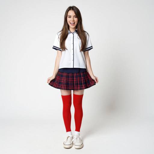 Young Woman in School Uniform with Red Thigh-Highs