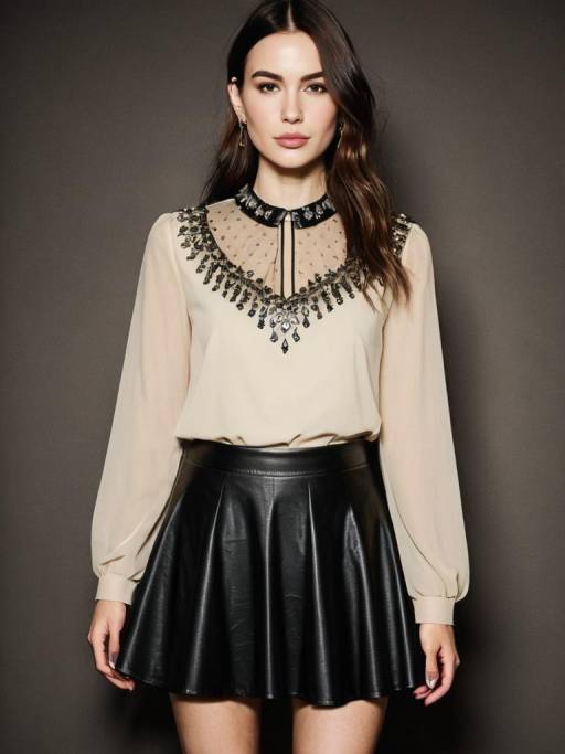 Woman in Beige Embellished Blouse with Black Leather Skater Skirt