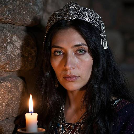 Photograph of a dark-haired woman with green eyes, wearing an ornate silver headpiece and dark, jeweled attire, illuminated by a candlelit