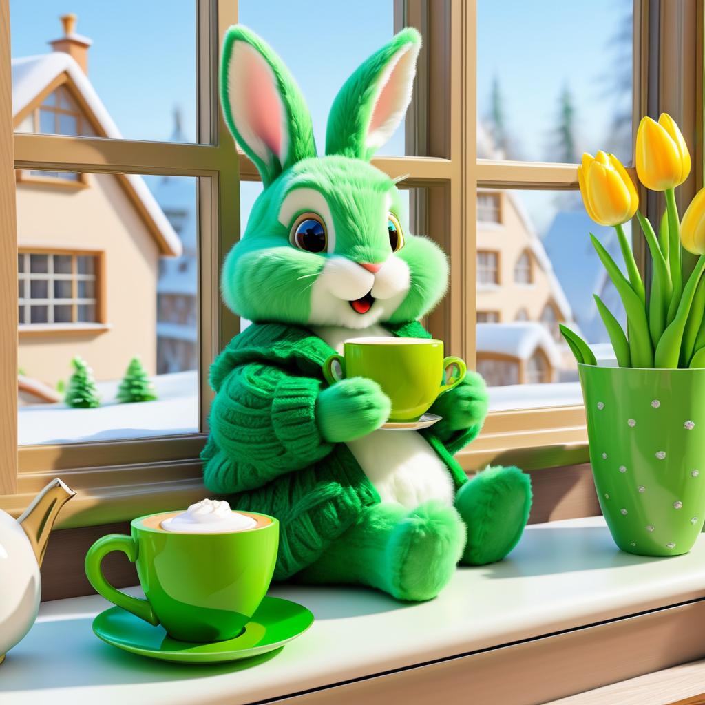 Cozy Cartoon Rabbit with Hot Chocolate