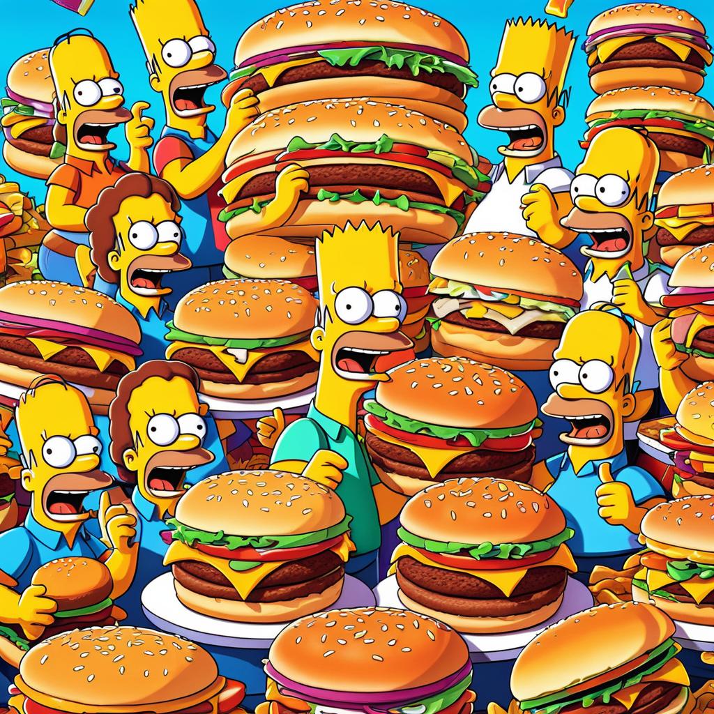 Simpsons Characters Sharing a Giant Burger