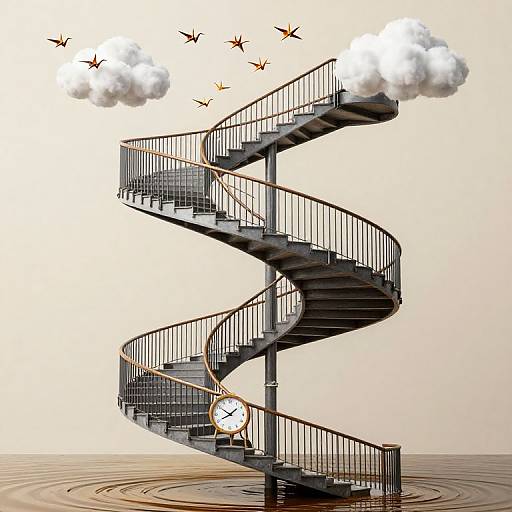 Surreal digital art: a black spiral staircase with clock at bottom, smoke rising, birds flying, ripples in water below.