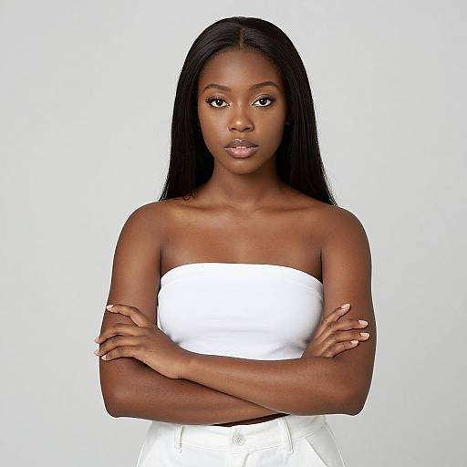 Photograph of a confident Black woman with long straight hair, wearing a strapless white dress, arms crossed, against a plain white background.