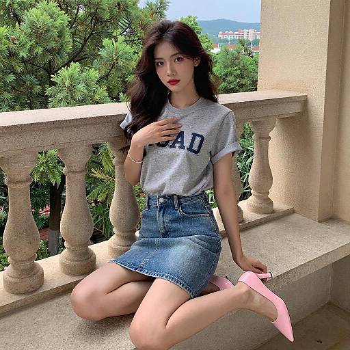 Young Woman on Stone Balcony