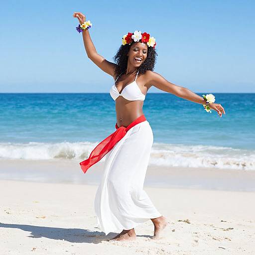Photograph of a smiling Black woman dancing on a sunny beach, wearing a white bikini top, white skirt, red scarf, flower crown, and colorful