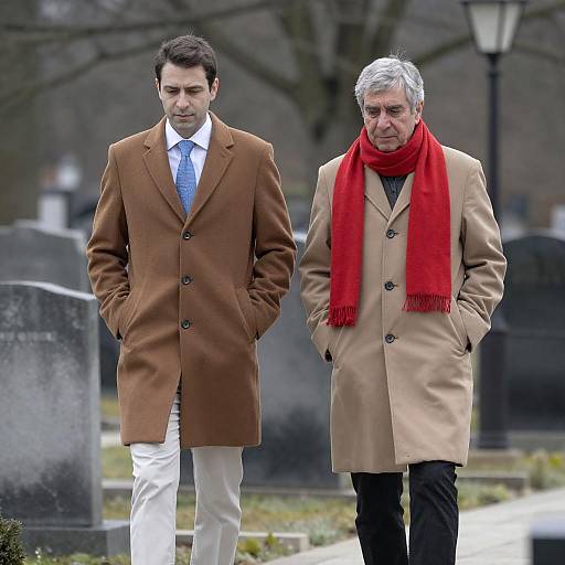 Two Men Walking Through Leafless Cemetery