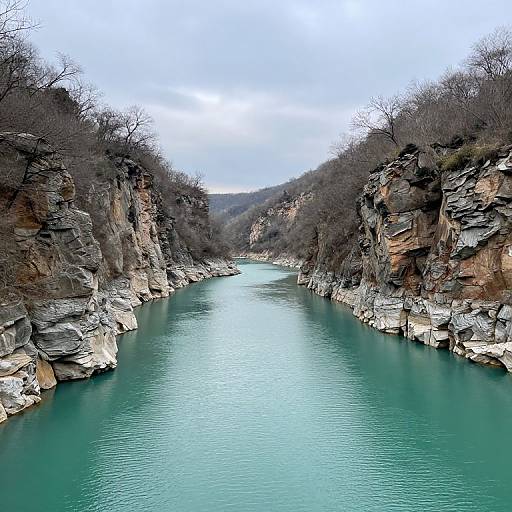 Photograph of a serene, turquoise river flowing between steep, rocky cliffs with leafless trees on both sides under a cloudy sky.