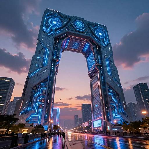 Photograph of a futuristic, neon-blue illuminated archway at sunset, with a cityscape and reflective wet pavement in the foreground.