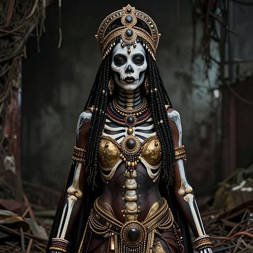 Photorealistic digital art of a skeletal African female figure adorned in gold jewelry and black braids, standing in a dark, eerie forest.