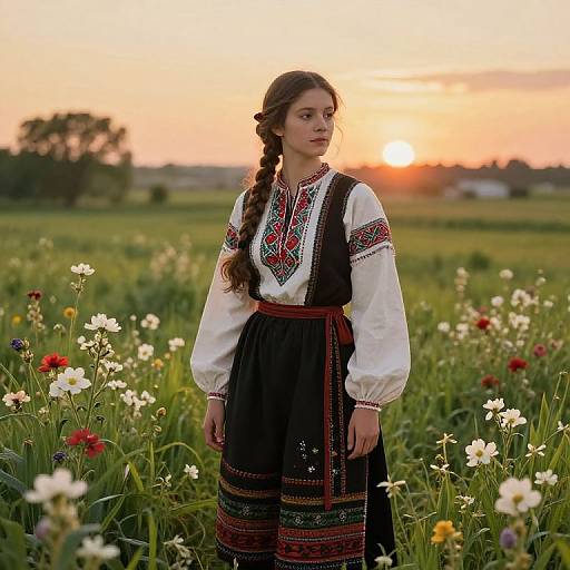 Photograph of a young woman with long braided hair in traditional Eastern European folk dress, standing in a colorful meadow at sunset, surrounded by wild