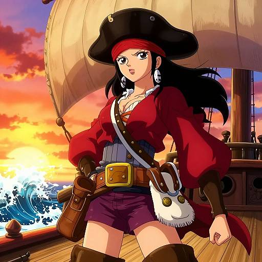 Digital anime-style drawing of a confident pirate woman with black hair, red headband, red pirate coat, and purple shorts, standing on a ship at