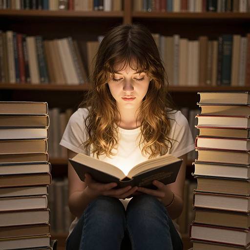 Photograph of a young woman with wavy brown hair, wearing a white t-shirt and blue jeans, reading a book amidst tall stacks of books,