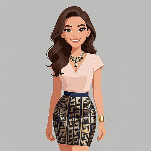 Digital illustration of a smiling woman with long dark brown hair, wearing a white top, black and gold patterned skirt, necklace, and bracelet, against