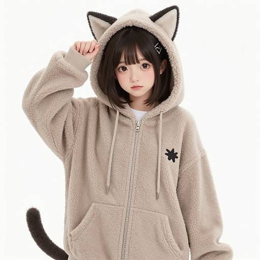Photograph of an Asian girl with shoulder-length black hair, wearing a beige cat-ear hoodie, raising her right hand, against a white background.