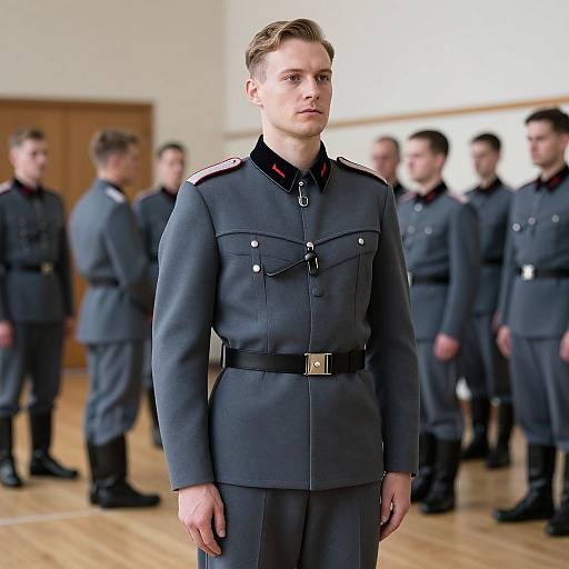 Photograph of a young, serious-looking Caucasian male soldier in a dark gray military uniform with red accents, standing in a wooden-floored room with