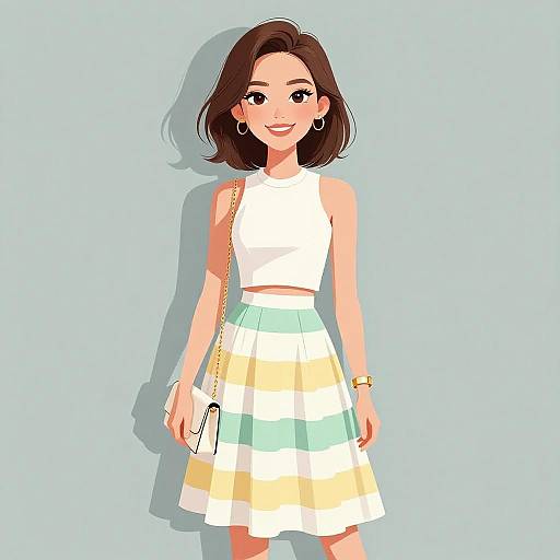 Digital illustration of a smiling young woman with light skin, brown shoulder-length hair, wearing a white crop top and colorful striped skirt, holding glasses, against
