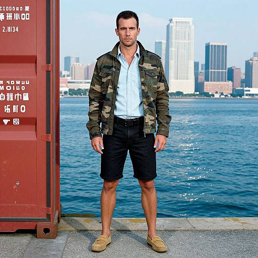 Photograph of a muscular, light-skinned man with short black hair, wearing a camouflage jacket, white shirt, black shorts, and beige shoes,
