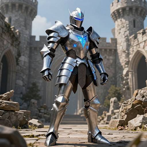 Digital CGI of a futuristic, silver armored knight with glowing blue accents, standing in a sunlit, ruined medieval castle courtyard.