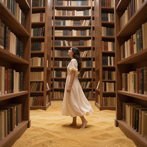 Photograph of a young woman with long black hair, wearing a white dress, walking barefoot down a library aisle with wooden bookshelves filled with