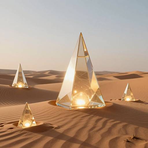 Photograph of four transparent, glowing pyramids in a sunlit desert with rippled sand, casting soft shadows under a clear, blue sky.