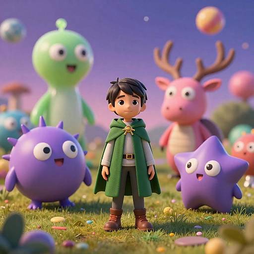 Boy Among Whimsical Starry Creatures