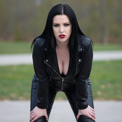 Photograph of a pale-skinned, black-haired woman with red lipstick, leaning forward in a black leather jacket with deep cleavage, outdoors on a