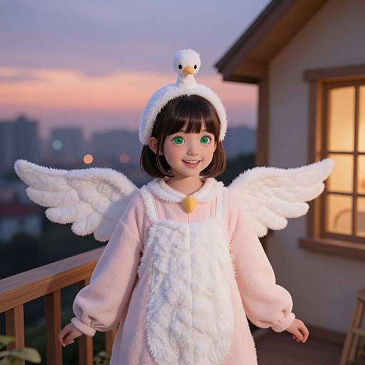 Photograph of a smiling young Asian girl with green eyes, wearing a white angel costume with fluffy wings and hat, standing on a balcony at sunset.