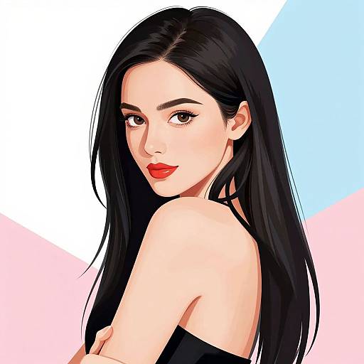 Digital illustration of a beautiful woman with long black hair, red lips, and fair skin, looking over her shoulder. Background features white, blue, and