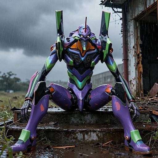 Photorealistic CGI of a purple and green mecha robot with glowing accents, seated in a dilapidated, rain-soaked industrial ruin.