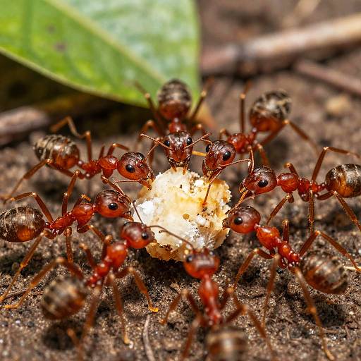 Close-up photograph of numerous vibrant red ants surrounding a small, partially eaten white decaying fruit on dark soil, with a green leaf in the blurred background