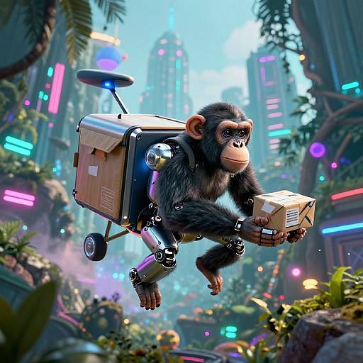 CGI image of a robotic, flying monkey holding a package, set in a vibrant, futuristic jungle city with neon lights.