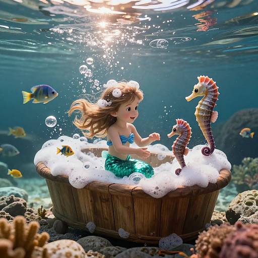 Digital illustration of a cute mermaid with long brown hair, green tail, and blue top, sitting in a wooden tub filled with bubbles, surrounded by