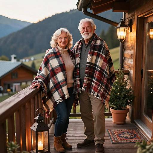 Elderly Couple on Mountain Cabin Balcony