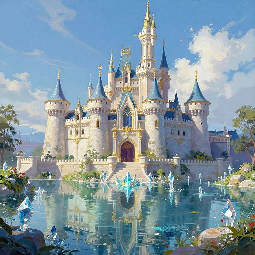 Digital illustration of a fairy-tale castle with blue spires, surrounded by a crystal-filled reflective pond, under a bright blue sky with white clouds.