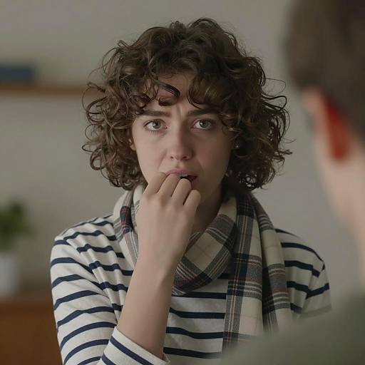 Concerned Young Woman in Stripes and Checks