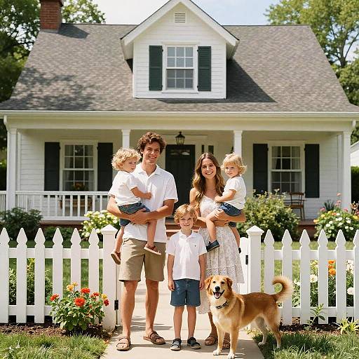 Photograph of a smiling family of five with a golden retriever in front of a white, two-story house with black shutters.