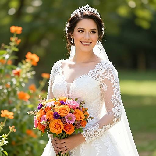 Photograph of a smiling bride in a white lace wedding dress, holding a vibrant bouquet of roses and daisies, standing in a sunny garden with