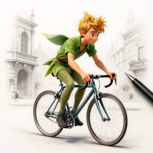 Digital illustration of a young, blonde, green-cloaked boy with a mischievous smile riding a blue bicycle through a sketchy, classical European