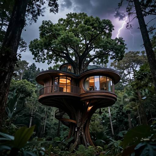 Photograph of a futuristic, treehouse-style house with circular, wooden balconies, nestled in a dense, dark forest under a cloudy, moonlit