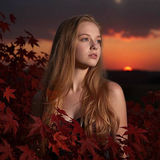 Photograph of a young woman with long, wavy brown hair, fair skin, and blue eyes, standing amidst red leaves at sunset, with a