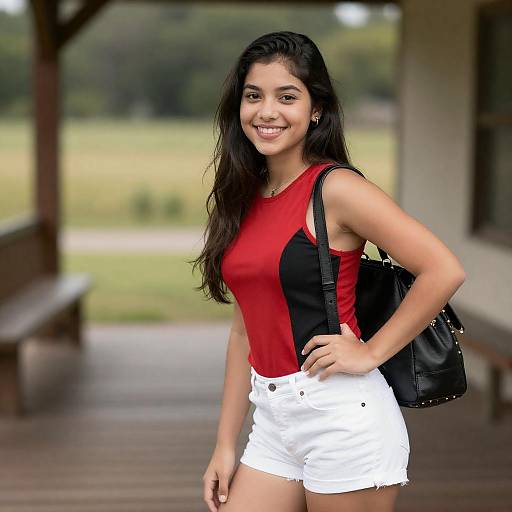 Smiling Young Woman on Wooden Porch