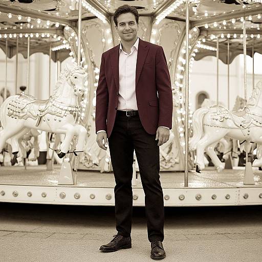 Photograph of a man in a maroon blazer, white shirt, and black pants, standing in front of a brightly lit carousel.