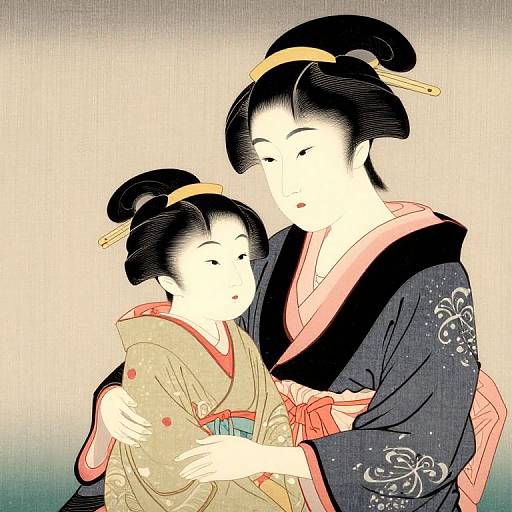 Digital illustration of an adult Japanese woman and a young girl in traditional kimonos, both with black hair in buns, embracing gently against a gradient