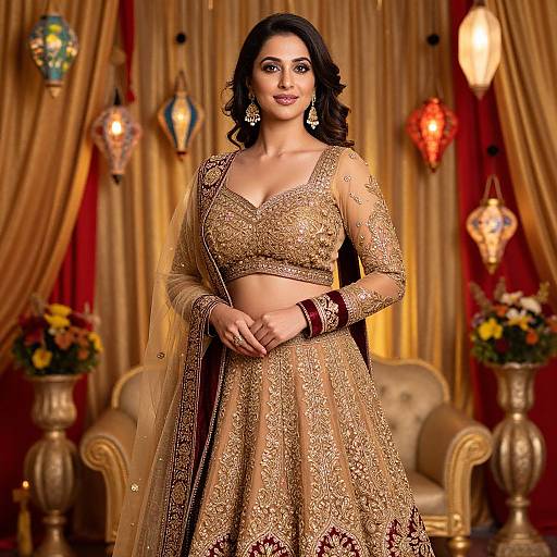 Photograph of a beautiful South Asian woman with dark hair, wearing an intricate gold and maroon traditional lehenga and choli, standing in an orn